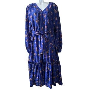 DRAPER JAMES RSVP Cobalt Blue Dress Floral Print Long Sleeve Midi Belt L Womens